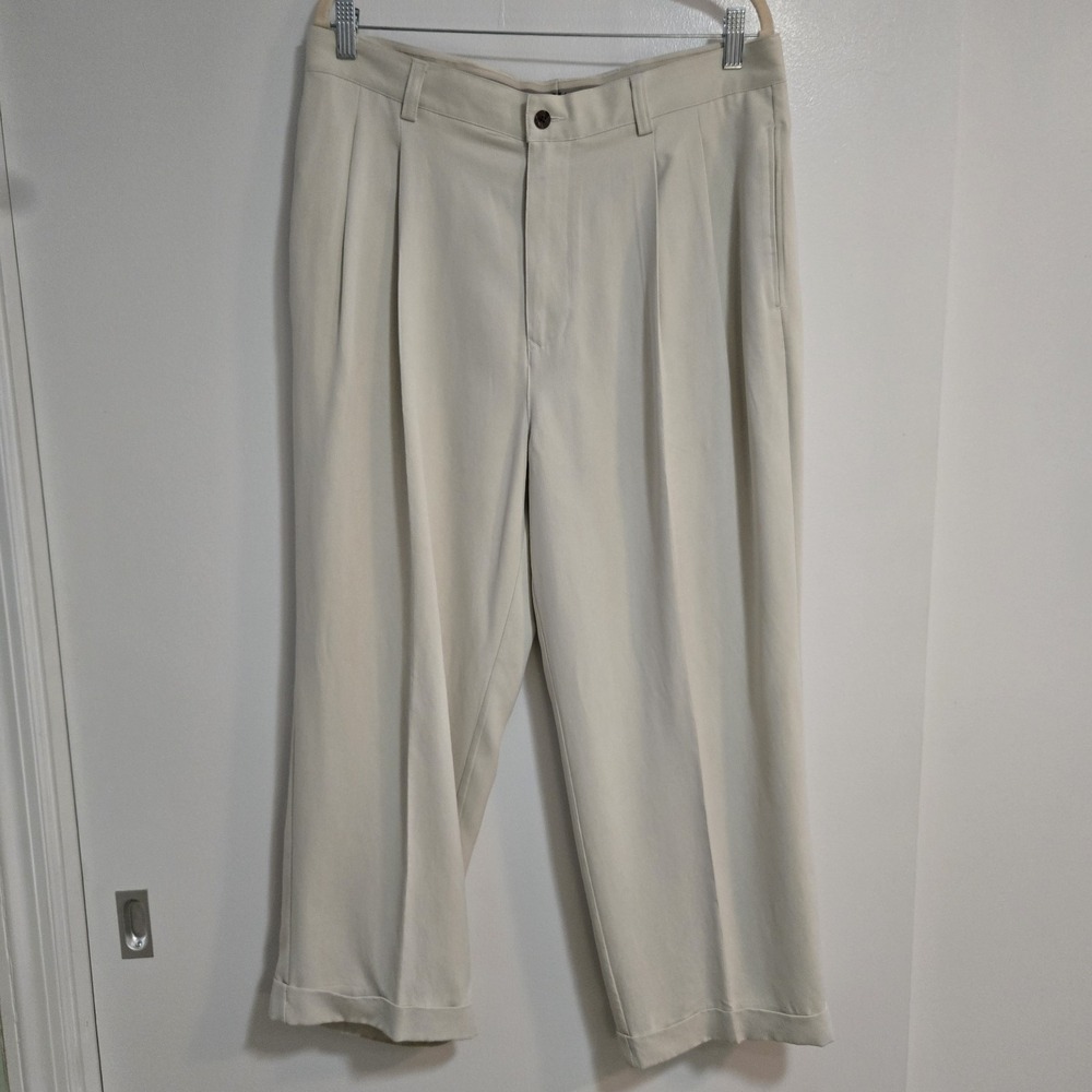 Tommy Bahama Dress Pants Mens 34x26 Beige Pleated Silk Straight Cuffed Trouser